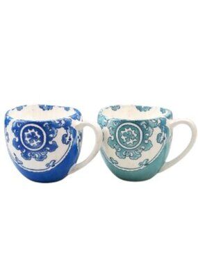 Anthropologie Gloriosa Mug Set of 2 Blue & Teal Floral Ceramic Coffee Cups